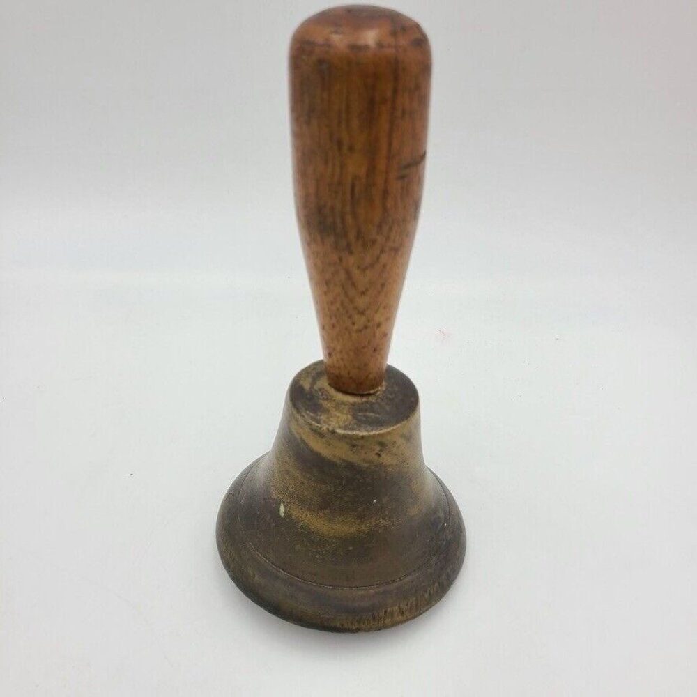 Vintage Brass Bell Wood Handle School Teacher Dinner Large Clanger Deep Sound